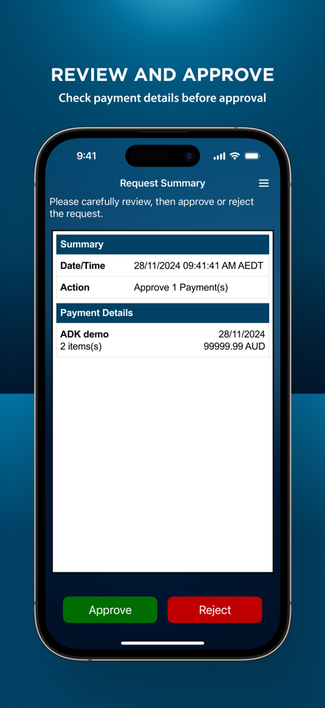 Screenshot of the ANZ Digital Key app showing a payment request summary with options to approve or reject.
