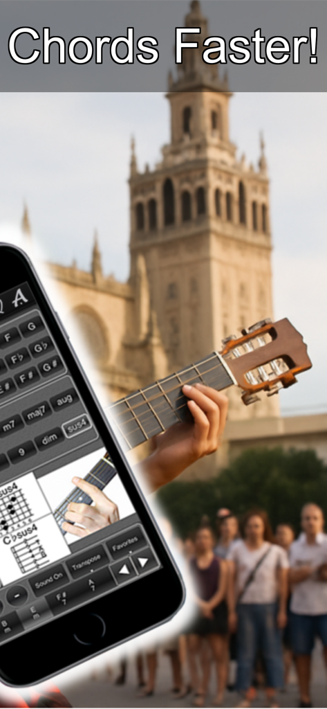 120 Guitar Chords - Pantalla de teléfono inteligente que muestra la aplicación 120 Guitar Chords con diagramas de acordes y fotos de posiciones de manos
