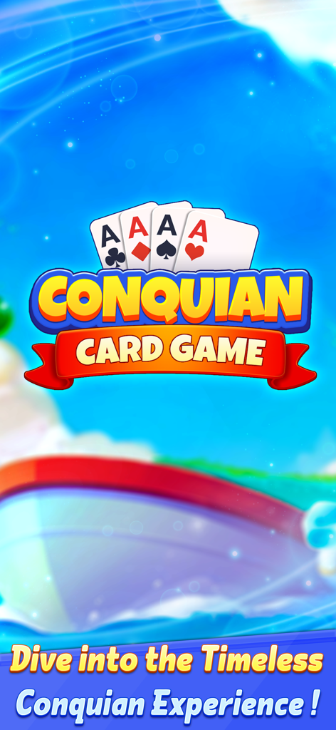 Conquian Card Game - Pantalla de presentación del Juego de Cartas Conquian que muestra el logo y cuatro ases sobre un fondo azul