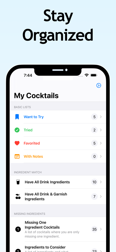 Screenshot of the Bart app showing My Cocktails screen with categories for favorites, tried recipes, and ingredient matching lists.
