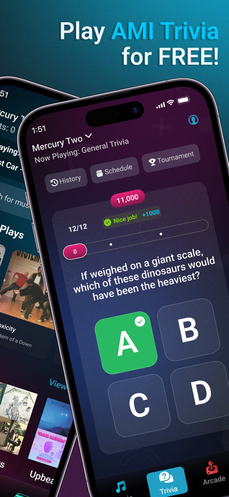 Um smartphone exibindo uma pergunta geral de trivia na interface do aplicativo AMI Play