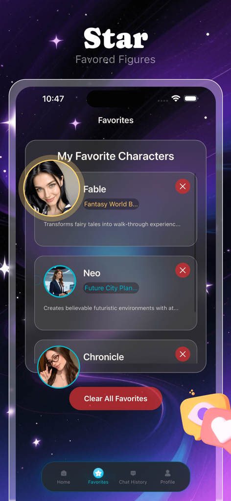 Hoggi - Hoggi app favorites menu displaying AI design assistants for theme park creators