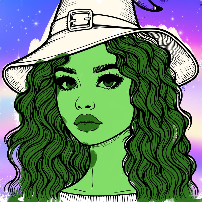 realistic girl with wavy hair a witch hat and a nose and lips and eyes