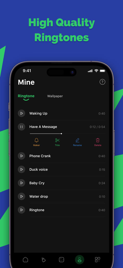 Ringtone Maker - AI Tune - A screen in the Ringtone Maker app showing a list of high-quality custom ringtones with editing options like trim and rename.