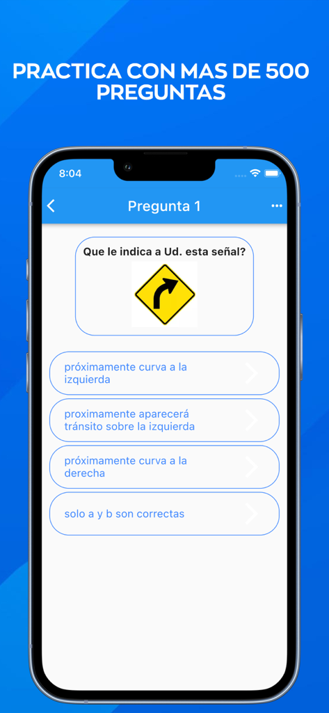 ConducirTest - A mobile app interface showing a driving theory test question in Spanish about a right turn road sign
