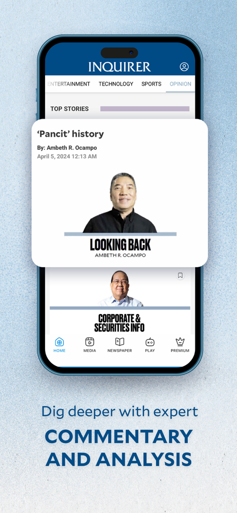Inquirer Plus - Smartphone screen showing the Inquirer Plus app interface with expert commentary and analysis articles