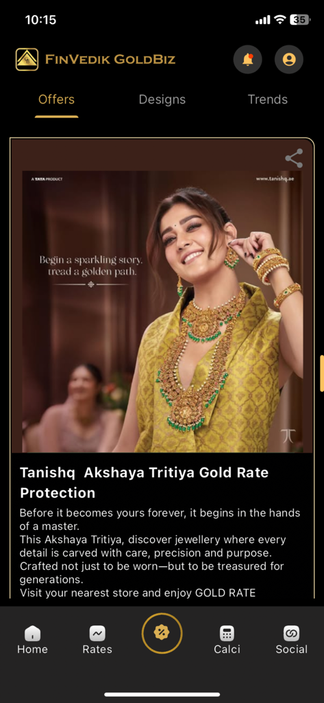 Gold Rate Today - India Live - Anuncio de joyería de oro Tanishq para Akshaya Tritiya en la pantalla de ofertas de la aplicación FinVedik GoldBiz