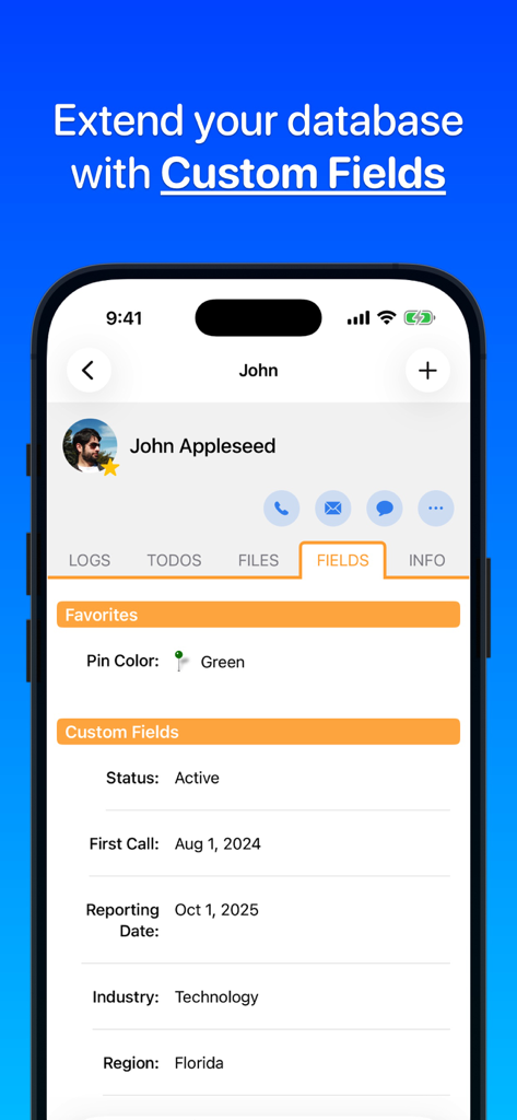 Contacts Journal CRM interface showing customizable fields for a professional contact