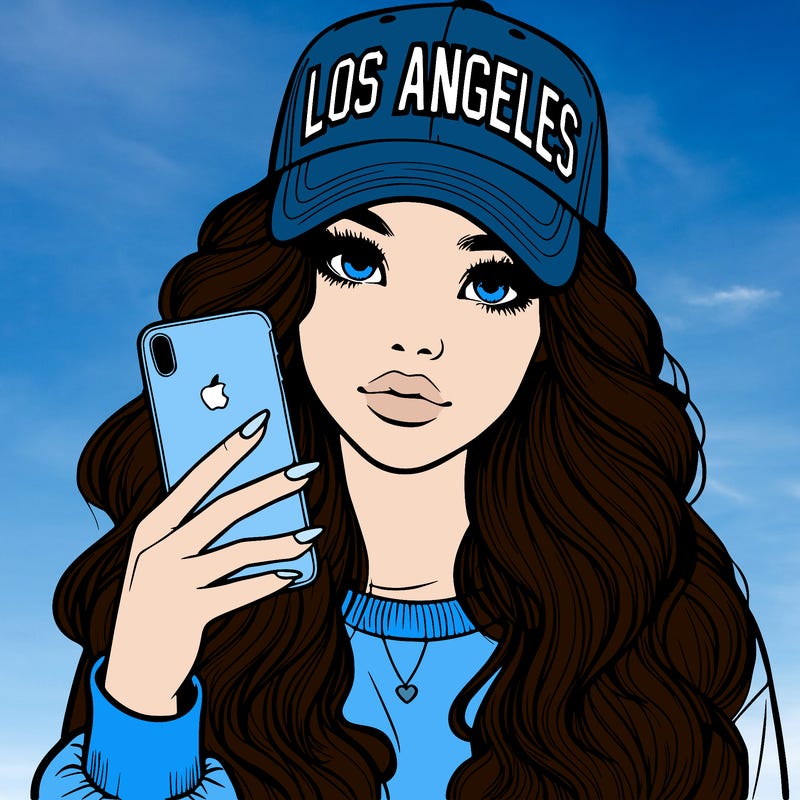 realistic beautiful girl wearing los ángeles cap holding an iphone
