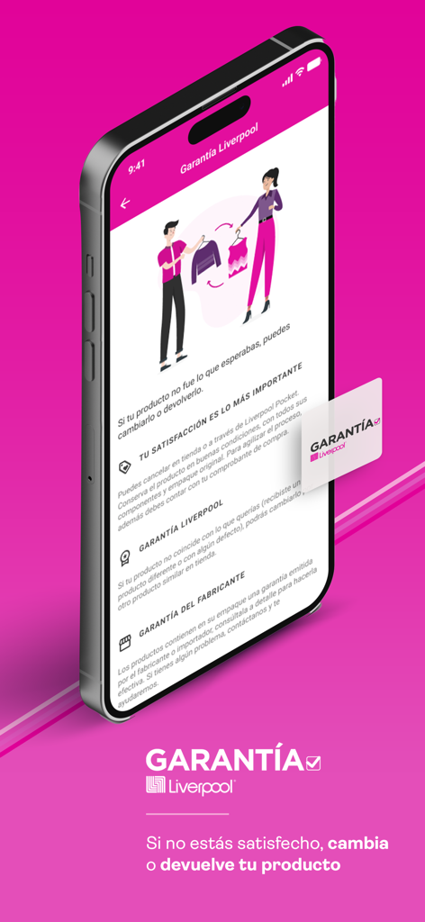 Liverpool: Compra en línea - Liverpool app screen detailing the customer satisfaction guarantee and return policy.