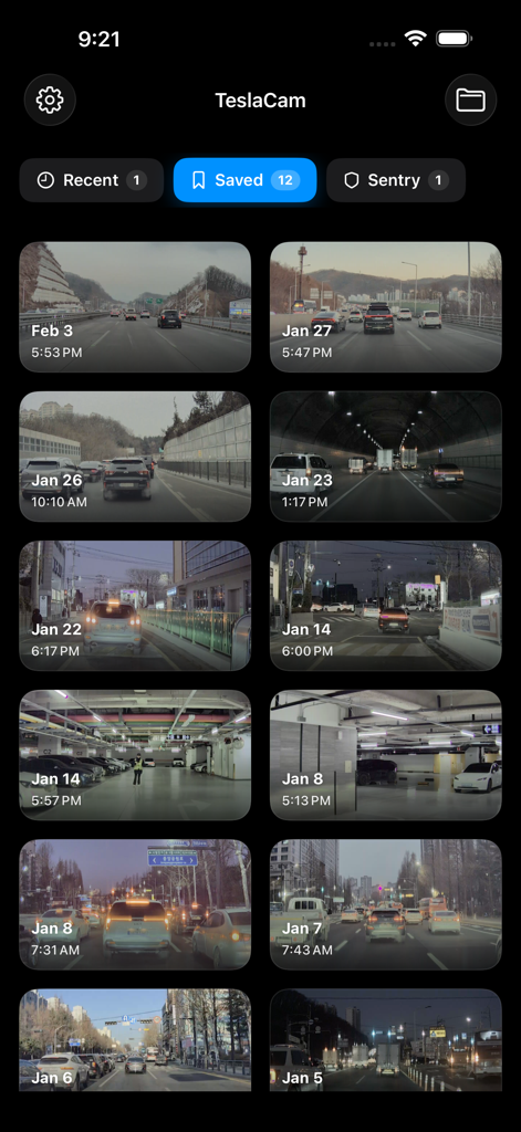 Tesla DashCam Viewer - Interface of the Tesla DashCam Viewer app showing a grid of saved video clips with dates and timestamps