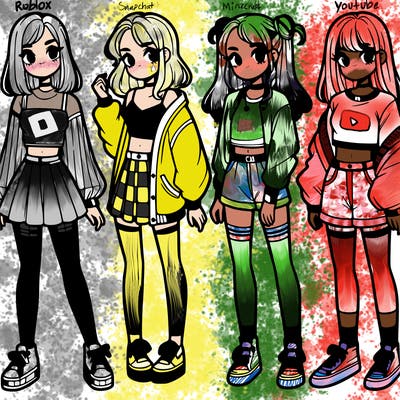 one girl with crop-top shirt and a jacket with a skirt, long socks and another girl with a shirt and pants with a jacket