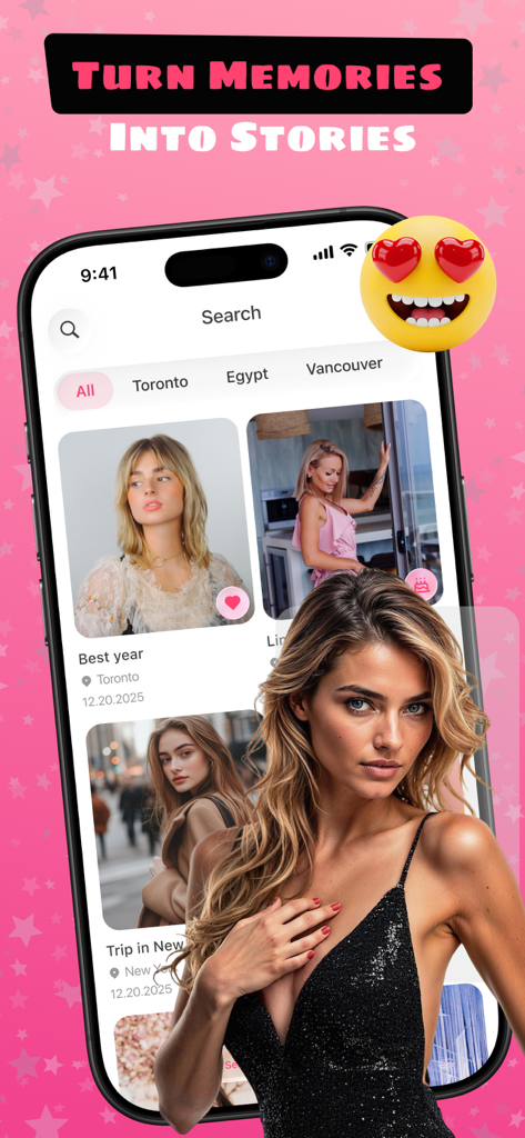 Azar - Be Happy - Azar app interface on an iPhone showing a photo gallery categorized by location with the heading Turn Memories Into Stories.