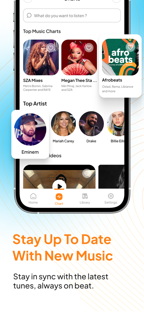 Tubidy : Music, Videos, Songs - Interfaz de la aplicación Tubidy que muestra los principales charts musicales y artistas populares