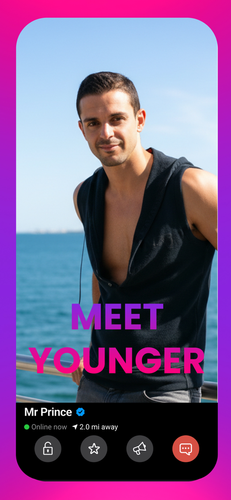 Mr X 게이 데이팅 앱의 인증된 남성 프로필 보기 화면으로 Meet Younger라는 텍스트가 표시됩니다.