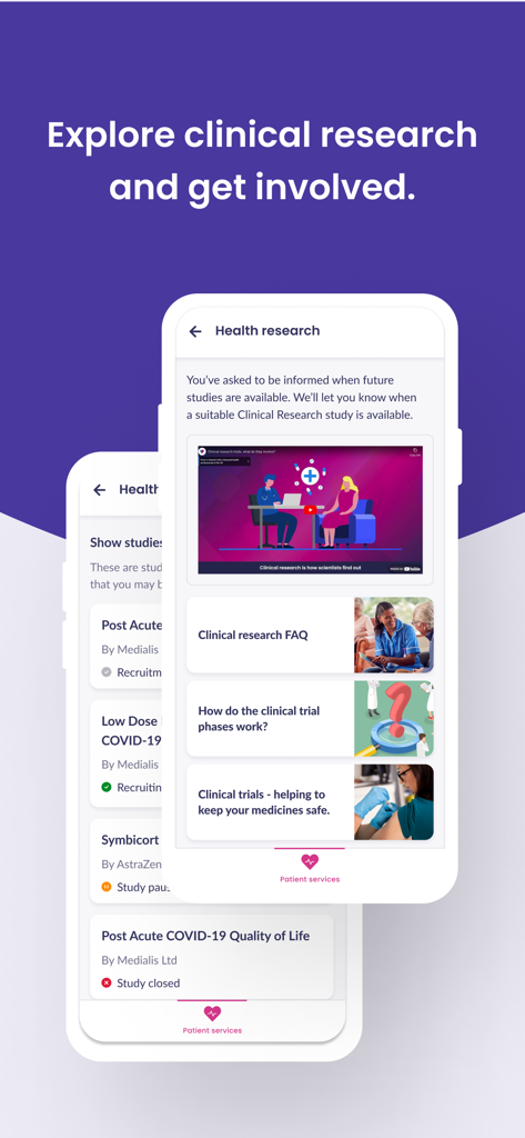 Interface do aplicativo Patient Access mostrando oportunidades de pesquisa clínica e informações sobre estudos de saúde.