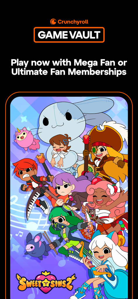 Illustrazione promozionale per Sweet Sins 2 su Crunchyroll Game Vault con diversi personaggi anime kawaii con strumenti musicali.