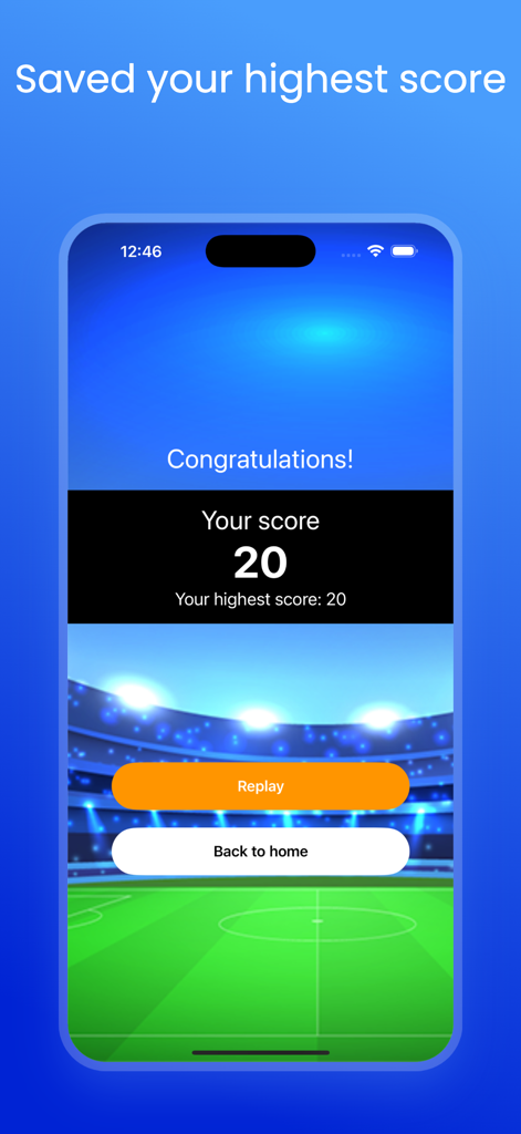 World Football Quizizz - Una pantalla de felicitaciones en la aplicación Quizizz de Fútbol Mundial que muestra una puntuación de 20 y botones para volver a jugar o regresar a casa sobre un fondo de estadio de fútbol.