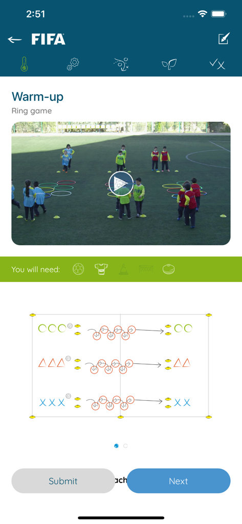 FIFA Football for Schools - FIFA Football for Schools app displaying a soccer warm up session video and drill instructions