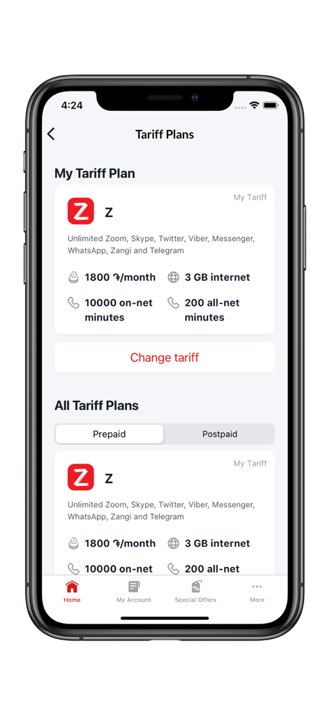 My-Viva - My Viva app interface showing tariff plan details and options to change prepaid or postpaid plans