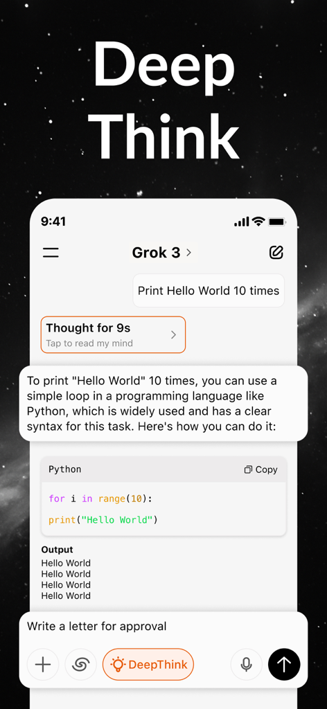 AI Chat Bot - Ask AI Universe - iPhone screenshot of Ask AI Universe chatbot generating a Python code snippet using the Grok DeepThink feature