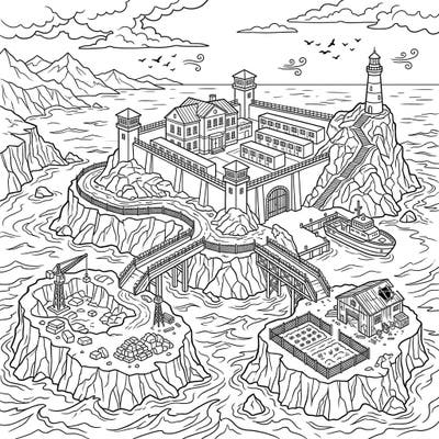 Dive into a world of intrigue with this complex prison island coloring page, specifically designed to challenge and inspire teenage artists. Explore a detailed landscape featuring imposing structures, rugged cliffs, and stormy seas, ready for your creative touch.