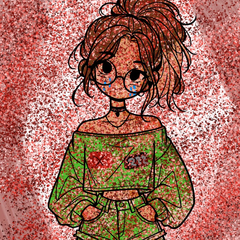 girl with a messy ponytail glasses a baggy crop top and jean shorts