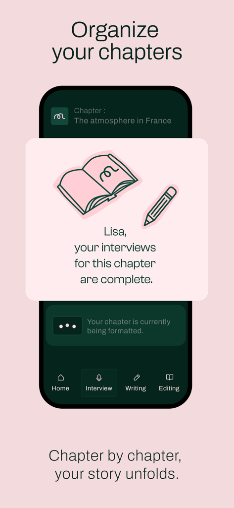 Elefantia - Interface of the Elefantia app showing a completed chapter interview and progress tracking for writing a life story.