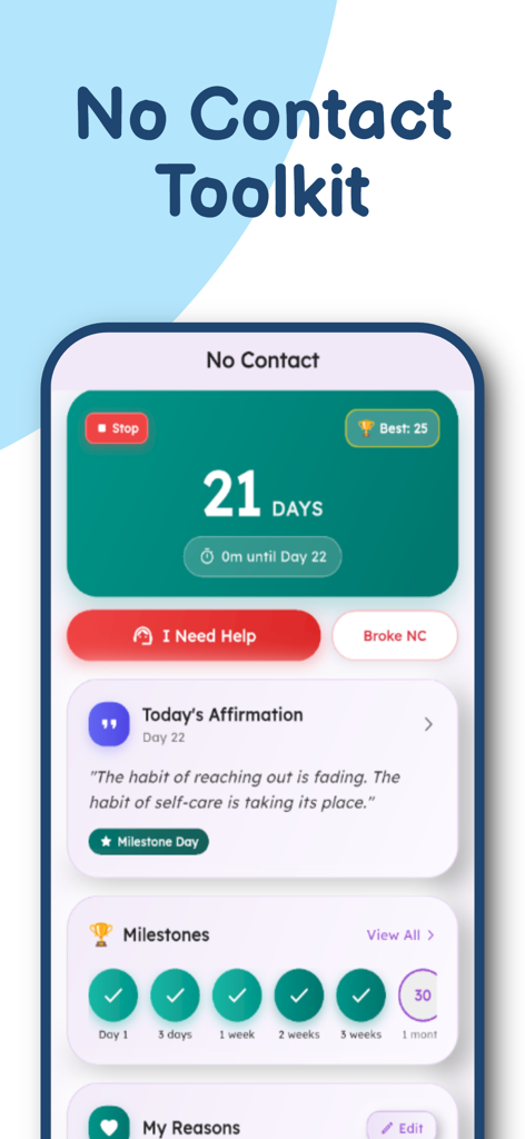SoulSage: Emotional Healing - SoulSage app interface showing a 21 day no contact tracker with daily affirmations and emotional support buttons