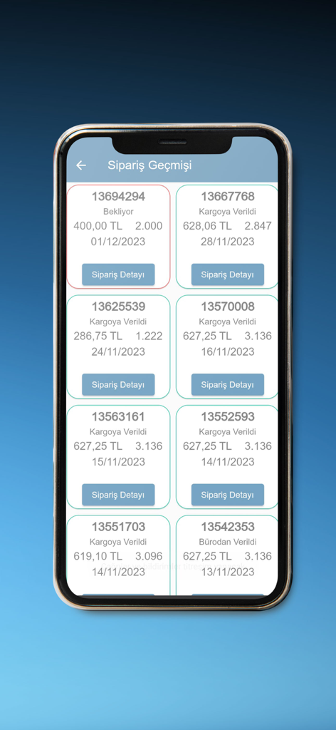Ersağ - Order history screen in the Ersag mobile application showing a list of previous transactions and status updates.