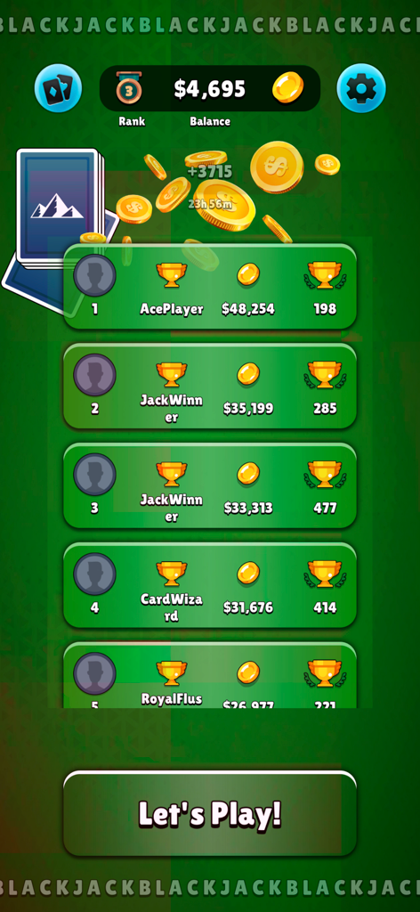 Pantalla de la tabla de clasificación global de Simulius BlackJack mostrando las clasificaciones de los jugadores y los saldos de monedas virtuales