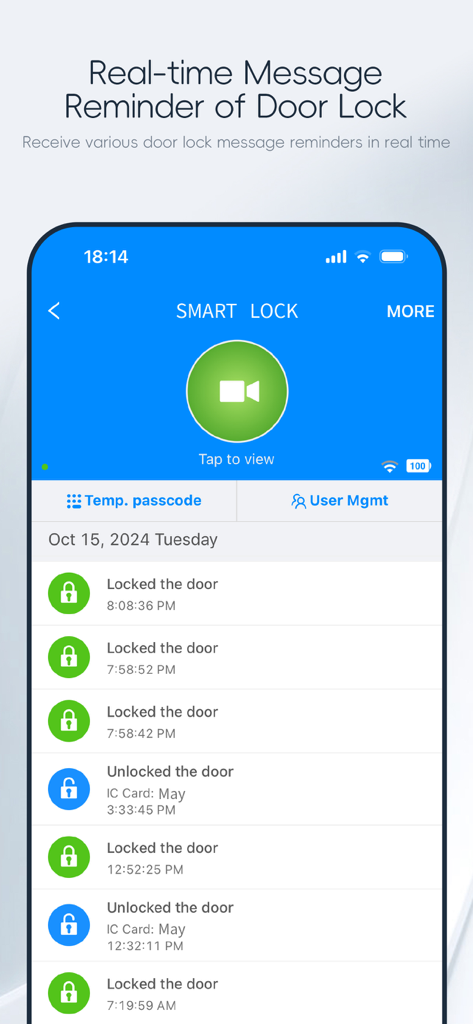 USmart Go - Interfaccia dell'app USmart Go che mostra un registro in tempo reale dell'attività della serratura della porta e l'accesso remoto alle telecamere
