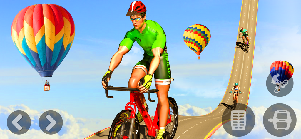 Un ciclista realizando acrobacias en una mega rampa de gran altitud con globos aerostáticos al fondo