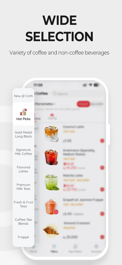 Cotti Coffee AM - App Cotti Coffee che mostra un'ampia selezione di bevande al caffè e al tè