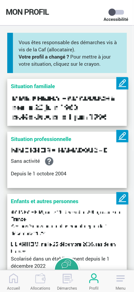 La section profil utilisateur de l'application Caf affichant les informations familiales et professionnelles