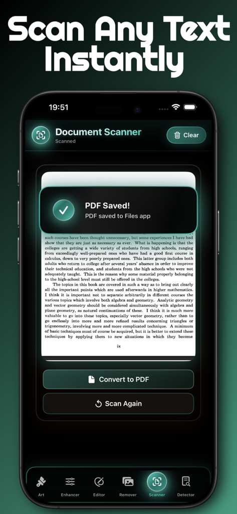 Lmarena AI Art Generator - Interface do aplicativo Lmarena AI Art Generator mostrando o recurso de scanner de documentos com uma mensagem de confirmação de PDF salvo.