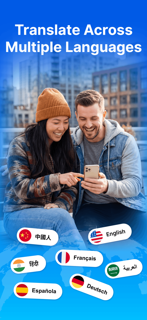 Translator・Photo Translator - Two people smiling while using a mobile translation app with various language options displayed