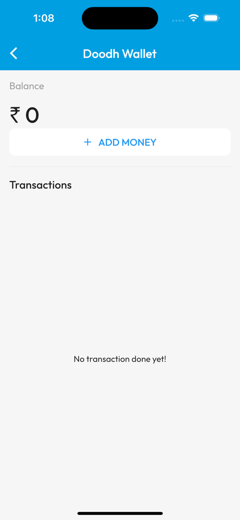 Mother Dairy app digital wallet screen showing zero balance and transaction history