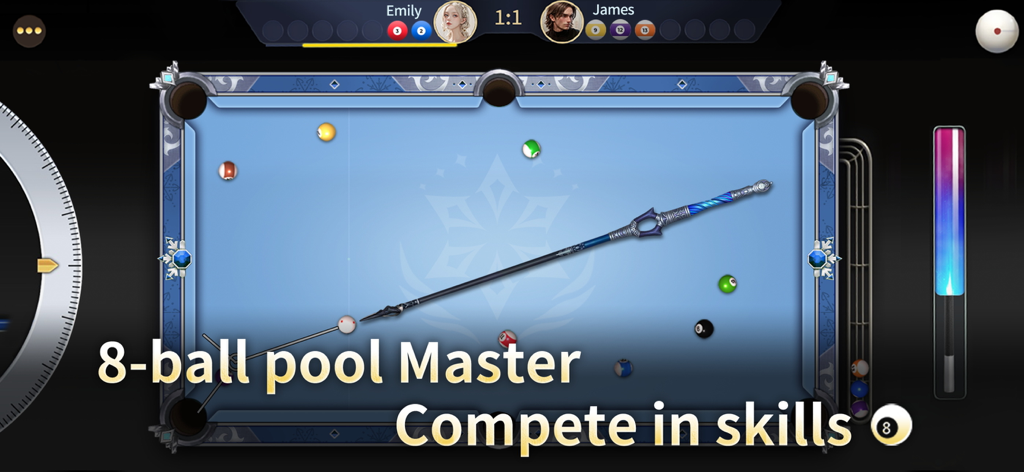 Billiards 8-Ball Pool Master ™ - A top-down view of an 8-ball pool game featuring a decorative blue cue stick on a blue table with the text compete in skills.