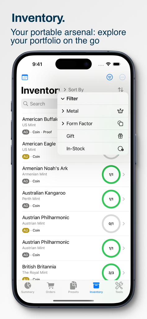 Precious Metals Manager - Mobile app inventory screen showing a list of gold and silver coins with filtering and sorting options.