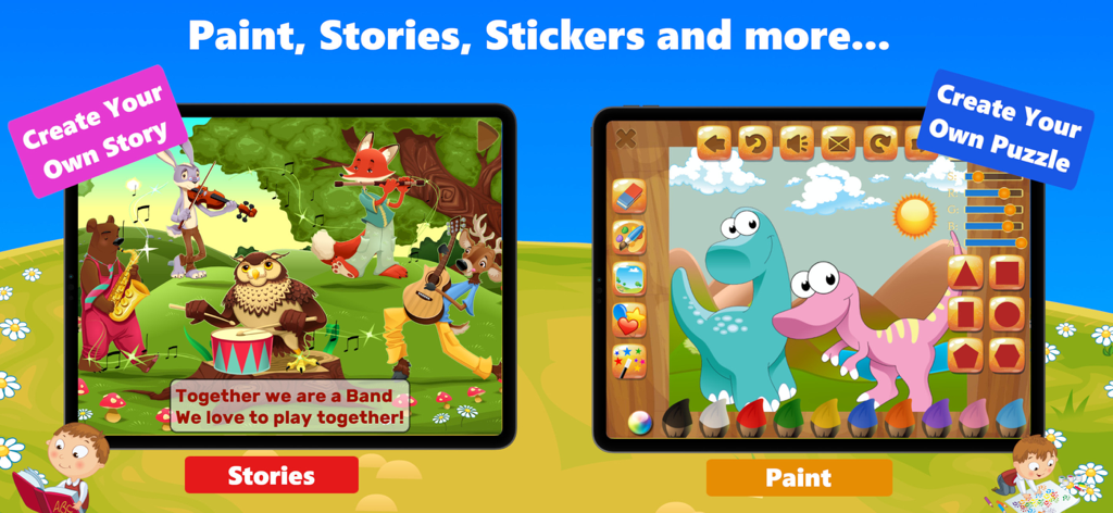 Dinosaur Dots Connect for kids - Dinosaur Dots app interface showing story creation and digital painting activities for children.