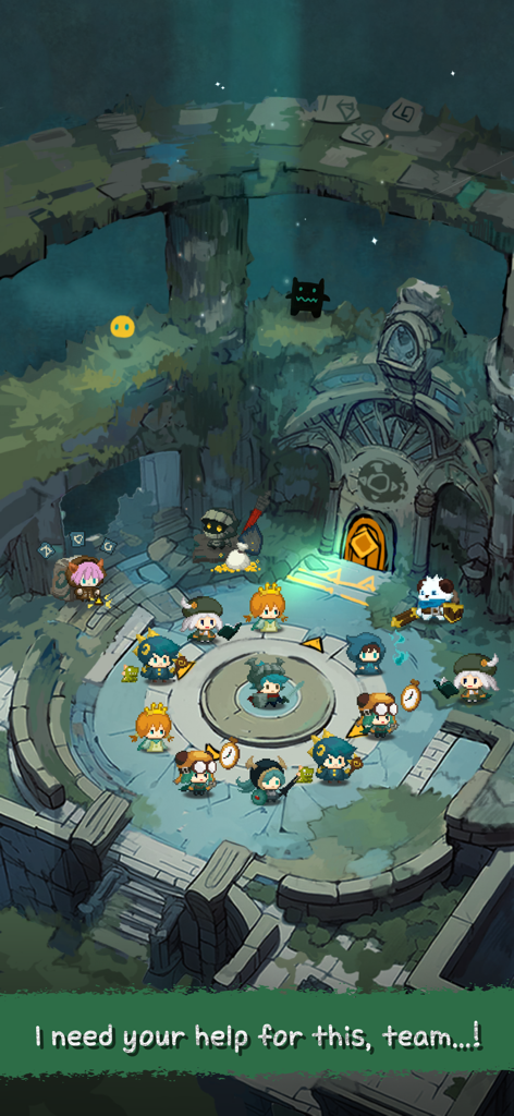 Pompo: Backpack Heroes - A circle of cute fantasy hero characters gathered in a stone ruin area
