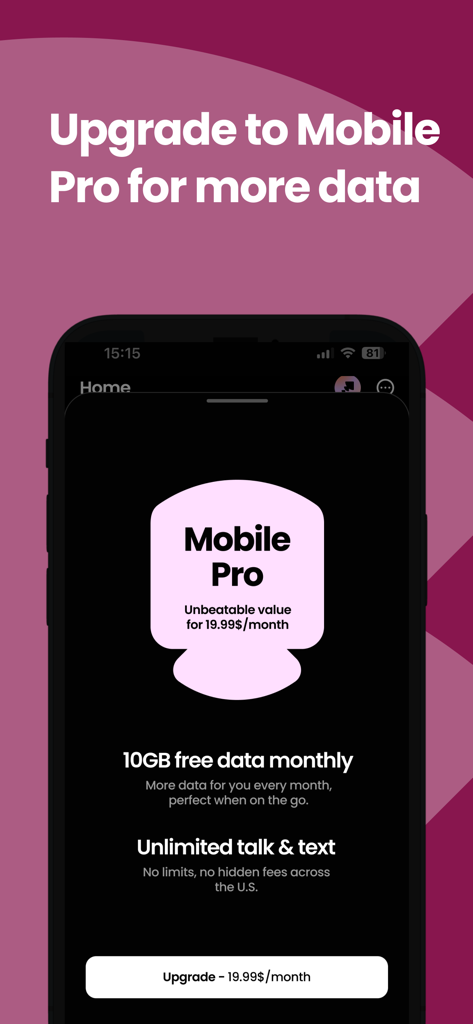 Instabridge: eSIM + Internet - Instabridge App-Bildschirm mit Details zum Mobile Pro-Upgrade, einschließlich 10 GB monatlicher Daten und unbegrenzter Anrufe und SMS