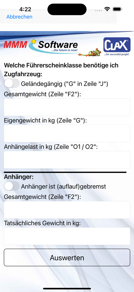 MMMApp - Oberfläche der MMMApp, die ein Formular zur Berechnung der erforderlichen Führerscheinklasse basierend auf Fahrzeug- und Anhängergewicht zeigt.