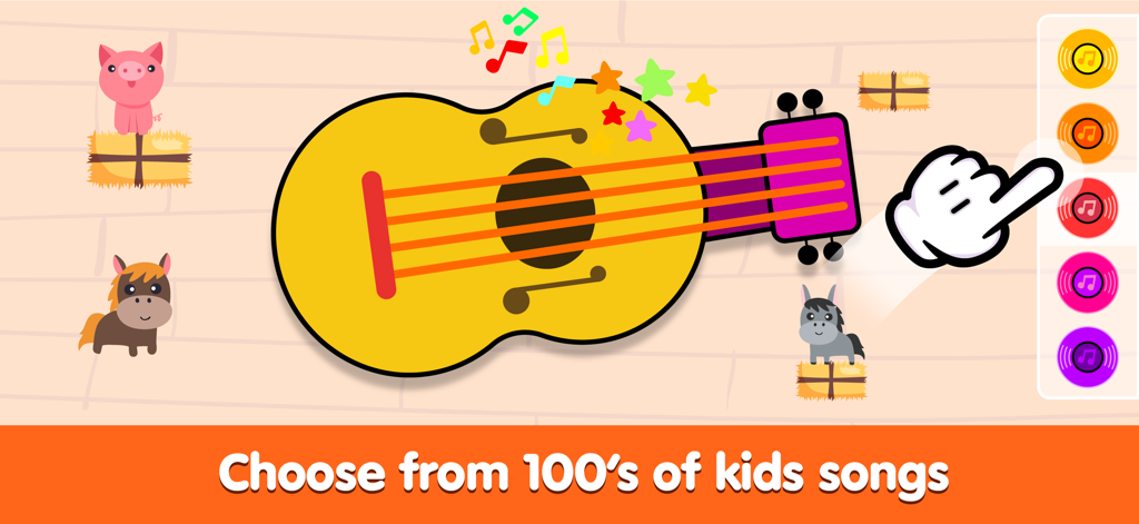 Wow Kids Baby Piano - A cartoon guitar interface in Wow Kids Baby Piano app with farm animals and a banner saying Choose from 100s of kids songs.