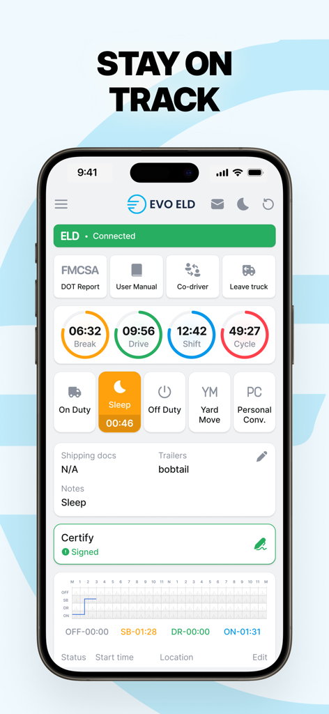 Interfaz de la aplicación EVO ELD que muestra las horas de servicio del conductor y los registros de estado de servicio