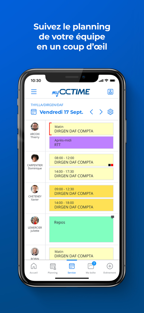 Interface de l'application myOCTIME montrant un manager consultant son emploi du temps d'équipe et ses quarts de travail