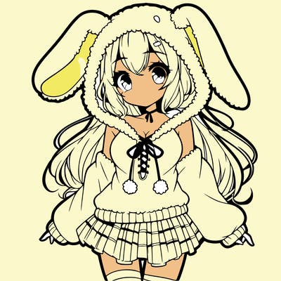 pretty anime girl wearing a fluffy hoodie with bunny ears on the hood and a skirt