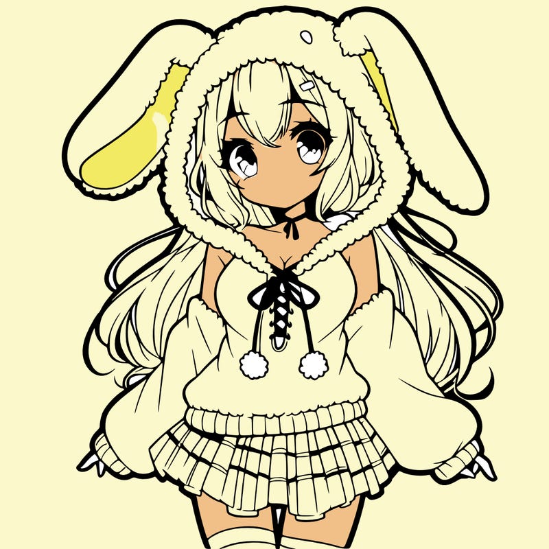 pretty anime girl wearing a fluffy hoodie with bunny ears on the hood and a skirt