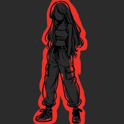 girl in baggy pants crop top and long hair